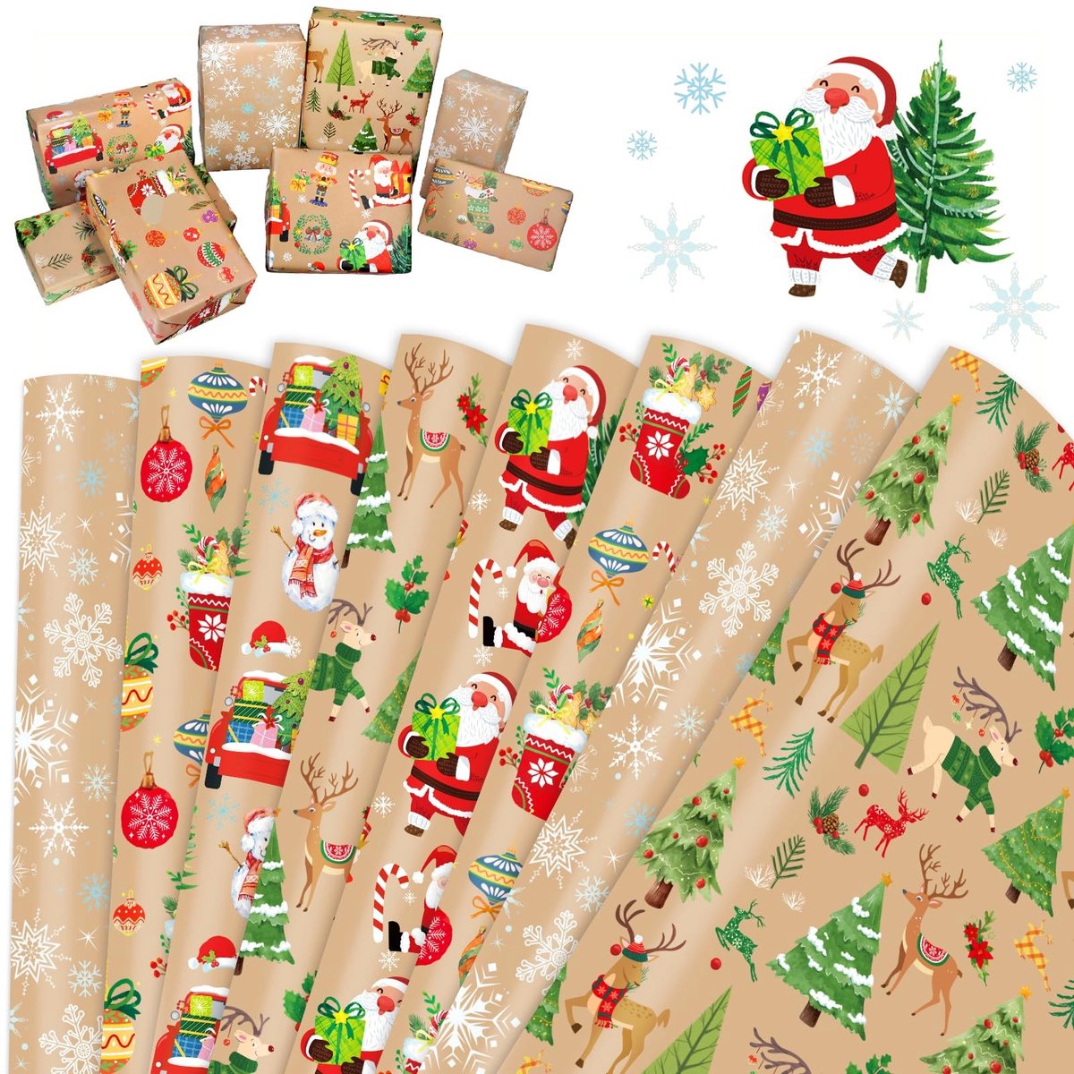 Dailygoods- Kerstcadeaupapier 8 Vellen - Kraftpapier - Kerstman/Kerstboom/Sneeuwvlokken - Verpakking - Knutselprojecten - 50 cm x 70 cm - Cadeaupapier
