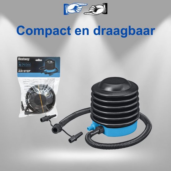 Bestway Voetpomp 62147 13 cm - Piston Foot Pump Voor Luchtbed Zwemband Strandbal En Opblaasbaar Speelgoed Met 3 Opzetstukken Flexibele Slang Compact Model Met Ebook — afbeelding 2