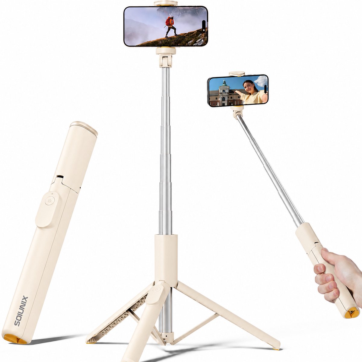 Sounix Selfiestick Tripod - Tripod Smartphone met Afstandsbediening - Telefoon statief tot 150cm hoog - Smartphone Statief - Beige