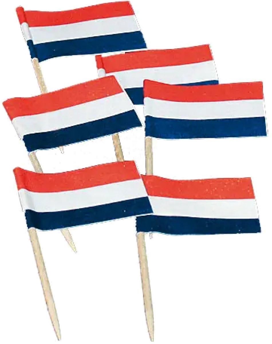 Okado cocktailprikkers Nederland 50 stuks – vlaggetjes prikkers 7 cm – Holland vlag prikkers voor hapjes, kaas, borrelplank en themafeest – houten prikkers met papieren vlag