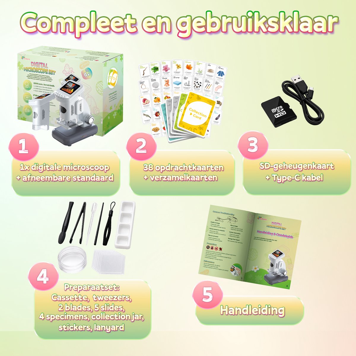 Microscoop voor Kinderen - Incl. Leerboekje + 38 Opdrachtkaarten - Digitale Kinder Microscoop 1200x met HD Scherm - Afneembare Standaard - Oplaadbaar - Handmicroscoop - Foto & Video - STEM Speelgoed — afbeelding 3