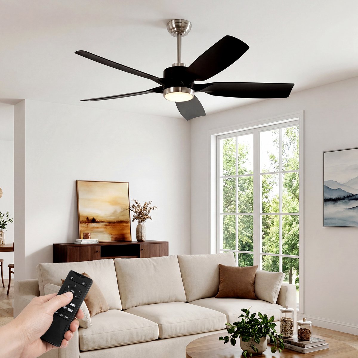 Tribesigns Plafondventilator Met Verlichting Ø132cm- Stille Ventilator met Afstandsbediening - Plafonniere Keuken Lamp met 6 Ventilatiesnelheden - LED - 3000-6500K Dimbaar - Zwart - voor Slaapkamer, Woonkamer & Terras