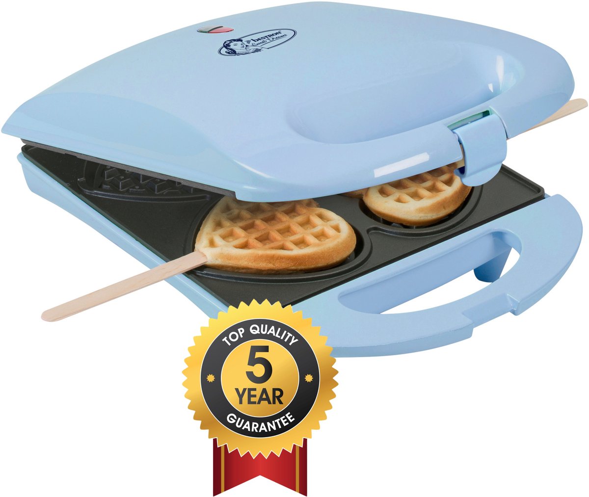 Bol.com Bestron Wafelijzer - DSW271B - 1400W - 4 mini hartvormige wafels - Incl. 20 houten stokjes - Blauw - 5 jaar garantie aanbieding