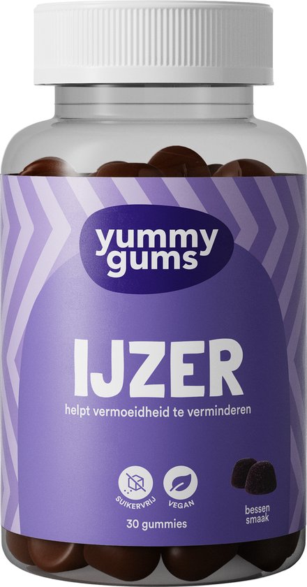 Fles Yummygums IJzer gummies, suikervrij, vegan, bessensmaak, 30 gummies.
