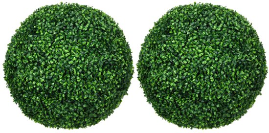 Twee identieke, volle groene kunst buxusbollen naast elkaar.
