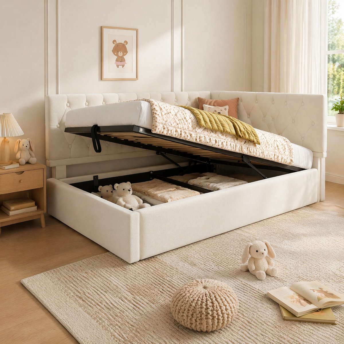 REDOM Gestoffeerd Opbergbed 90 x 190 cm – Hydraulische Opbergruimte – Flexibel Hoofdbord Links/Rechts – Fluweel – Beige