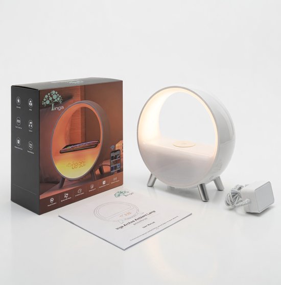 Inga® Smart Wake Up Light met zonsopgang simulatie, draadloos oplader, en bluetooth speaker| Automatische tijdinstelling | Wifi | Zet de toon met 9 omgevingssferen en 4 natuurlijke geluiden
