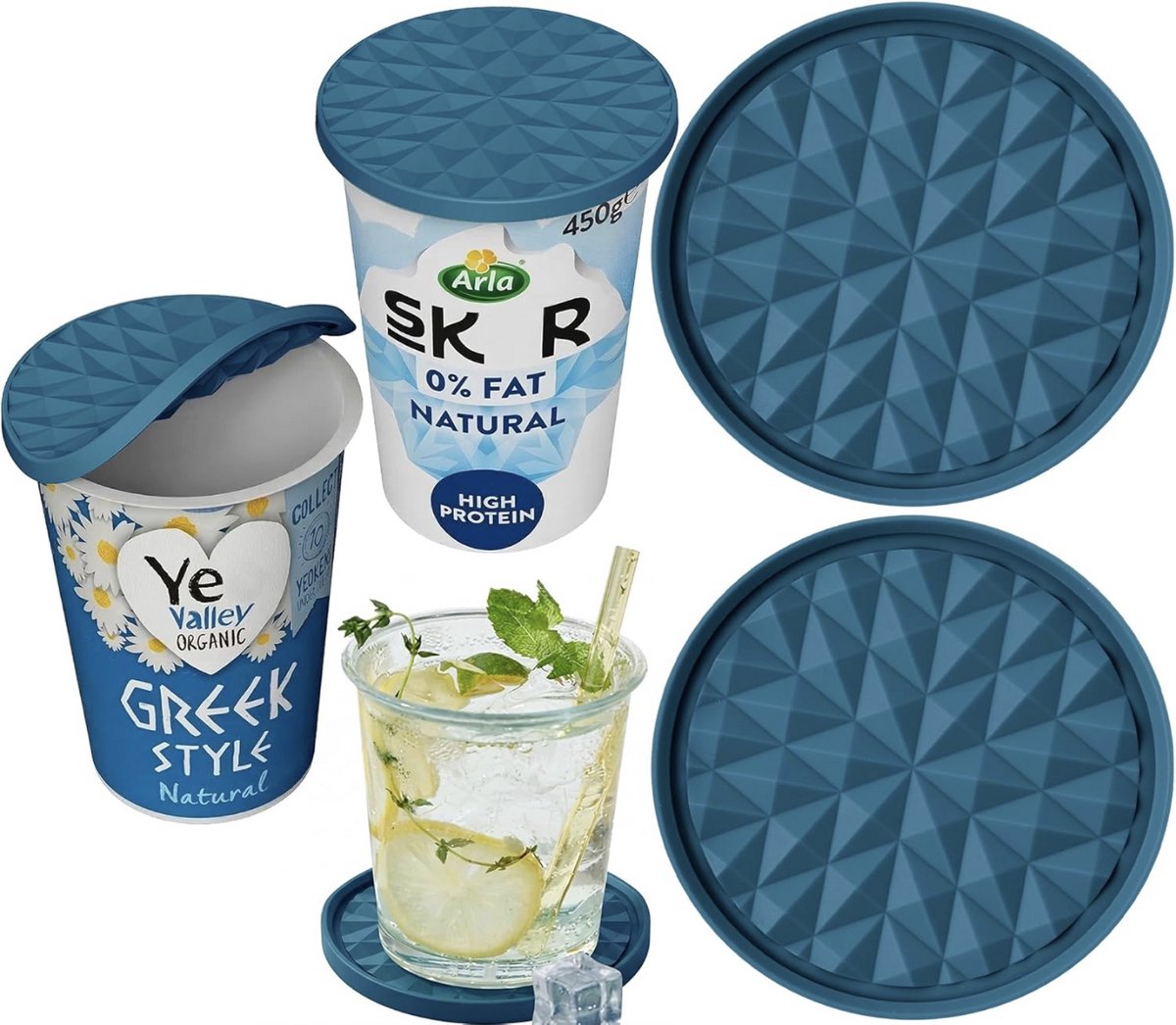 Herbruikbare siliconen grote yoghurtdeksel, 500 g (set van 2, donkerblauw), omkeerbaar voor onderzetters, organizer, keukenhouder, deksel geschikt voor yoghurt, yoghurtbekers, onderzetters