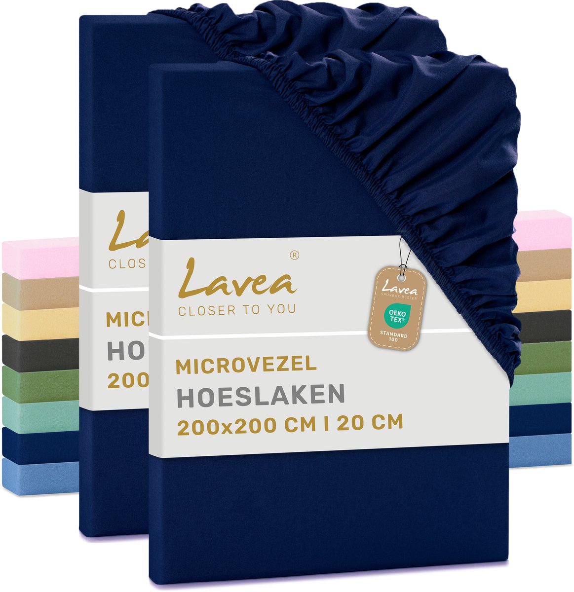 Lavea® Set van 2 Hoeslakens 200x200 cm – zachte en ademende microvezel – voor matrassen tot 20 cm – met elastiek rondom – oeko-tex gecertificeerd – Marineblauw