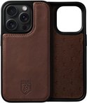 Bruine leren back cover voor iPhone met 'Rosso' logo.