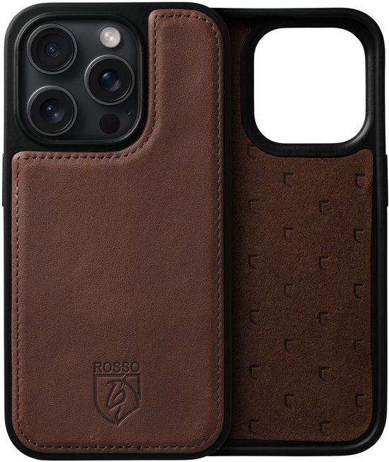Bruine leren back cover voor iPhone met 'Rosso' logo.