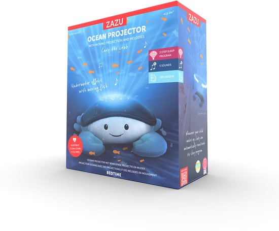 ZAZU Cody de Krab Ocean Projector – Baby Projector Nachtlampje met Bewegende Golven & Vissen – Huilsensor – 3 Geluiden – Blauw