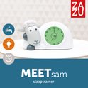 De grijze ZAZU slaaptrainer met de tekst 'MEET sam slaaptrainer'. De klok is groen en toont 7:00.