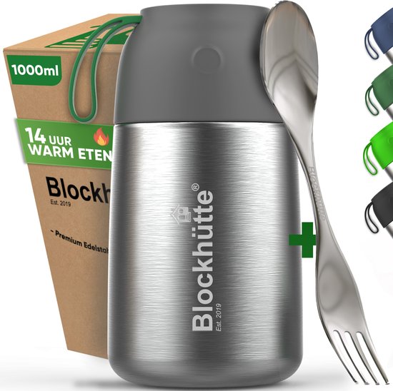 Bloquer la cabane. Récipient isotherme en acier inoxydable pour aliments 1000 ml avec brosse et cuillère Thermos pour aliments Passe au lave-vaisselle Anti-fuite pour soupes, bouillie pour bébé et plats de muesli