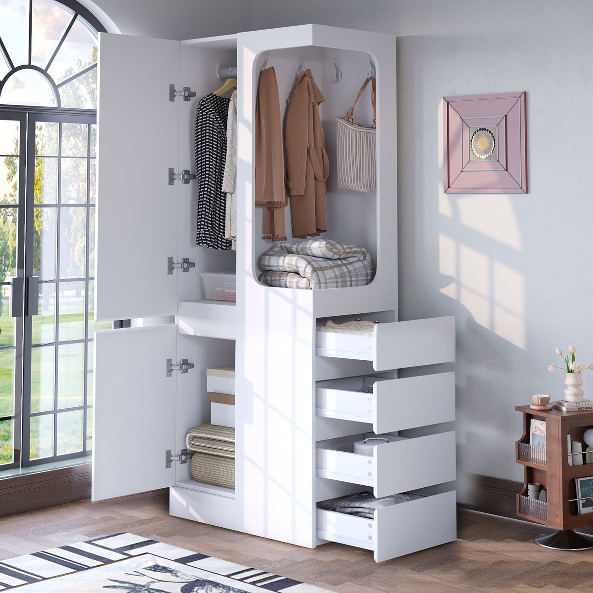 REDOM Kledingkast - Met Lades en Open Hanggedeelte - Minimalistisch - Voor Slaapkamer - Hout - Wit - 70 × 40 × 170 cm