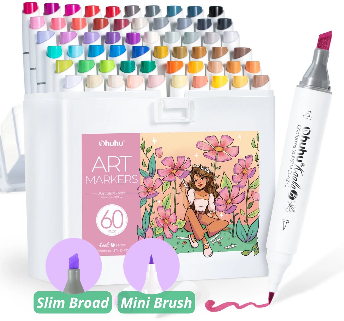 Ohuhu - Kaala B Slim Broad & Mini Brush - Alcohol based Art Markers - 60 Illustration Tones kleuren