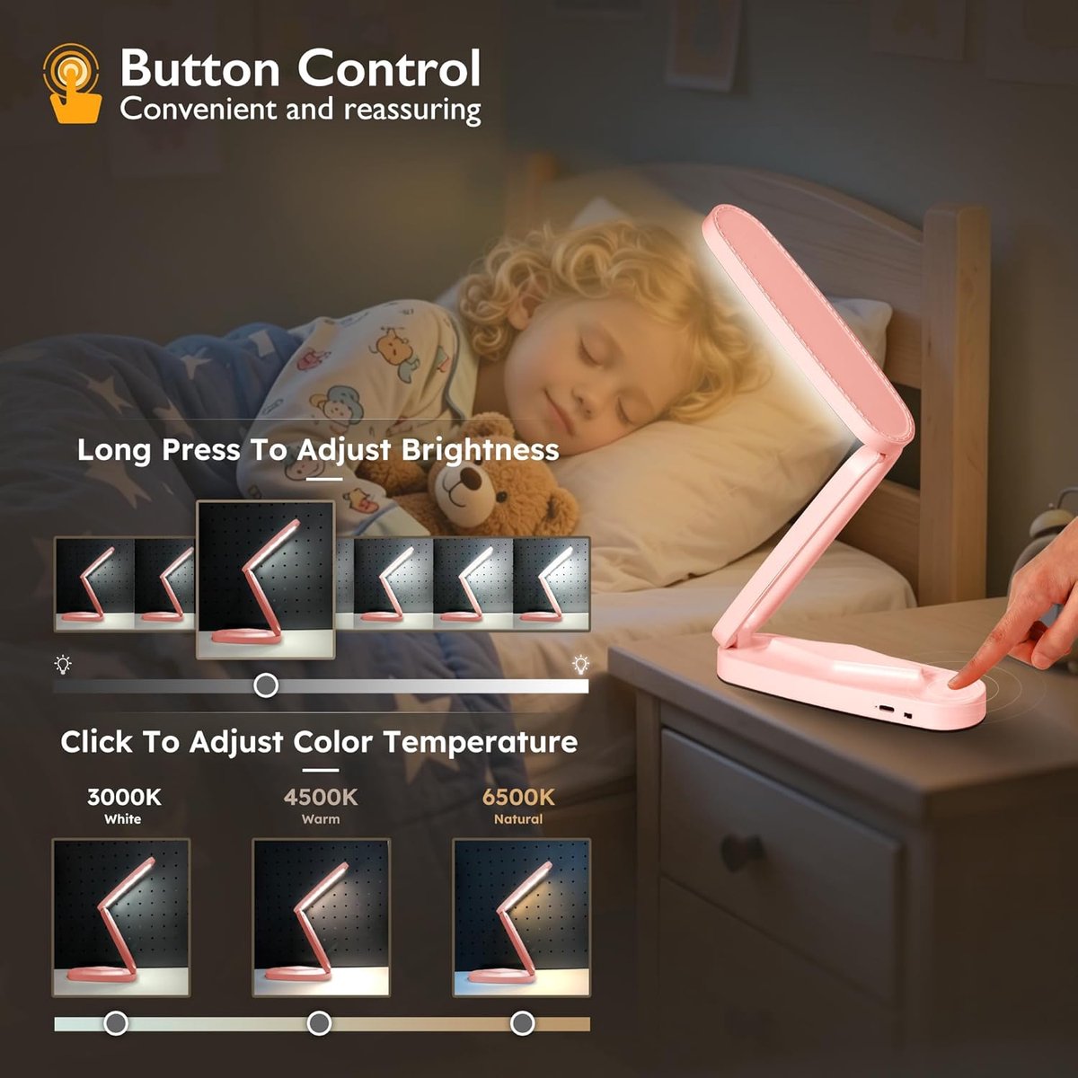 ZVD Roze oplaadbare bureaulamp – Compacte, draadloze LED-leeslamp op batterijen voor kantoor en thuis; opvouwbaar en draagbaar, dimbaar met 3 kleurtemperaturen en instelbare helderheid. — cadeau in Gadgets - foto 3