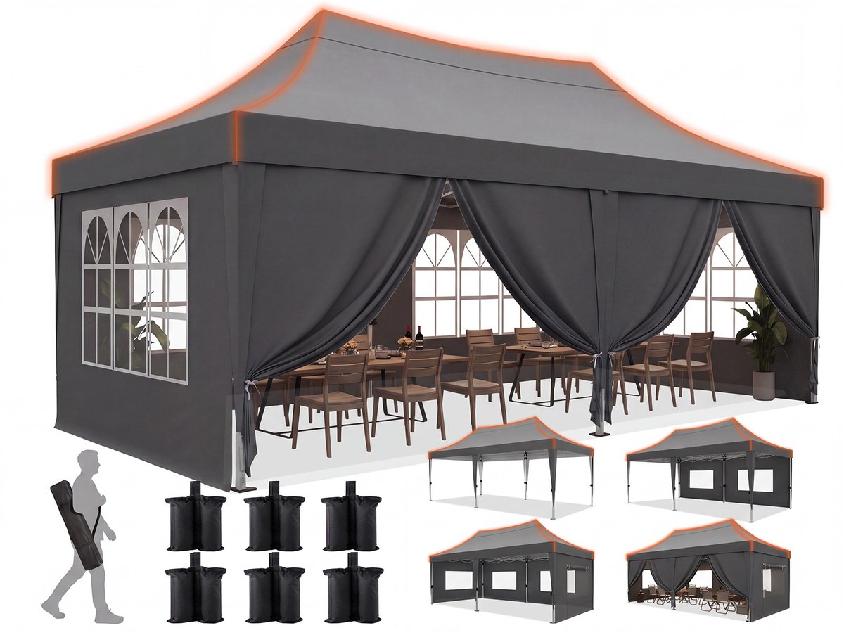 Quictent Vouwbare Partytent 3x6m – Waterdicht Partytent met 8 Zijwanden, UV 50+ – Grijs