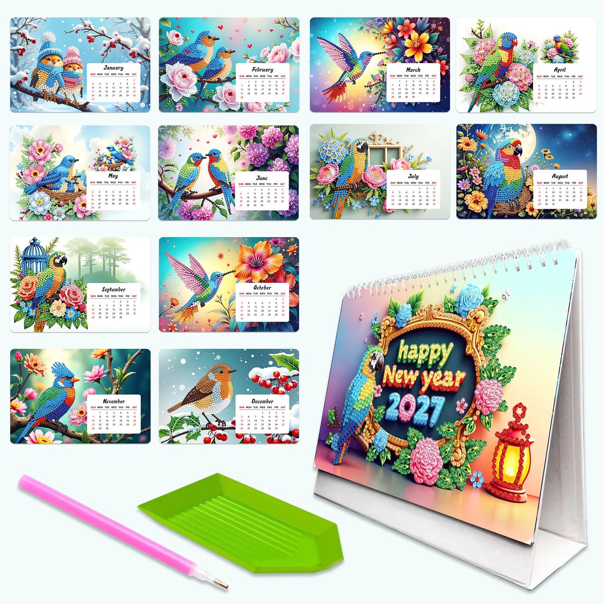 Kalender 2027 - Vogels - 009 - compleet pakket - Diamond painting by Wietske