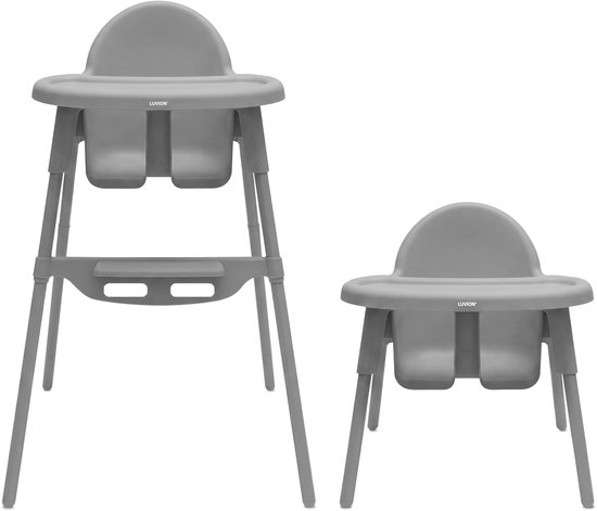 Grijze kinderstoel in hoge en lage opstelling, 2-in-1 ontwerp.