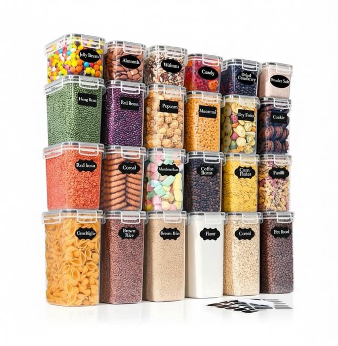 ElleMooi Set van 24 voorraaddozen met deksel – luchtdichte vershouddozen met etiketten en markers – voor muesli, meel, cornflakes, suiker – BPA-vrij, vaatwasmachinebestendig