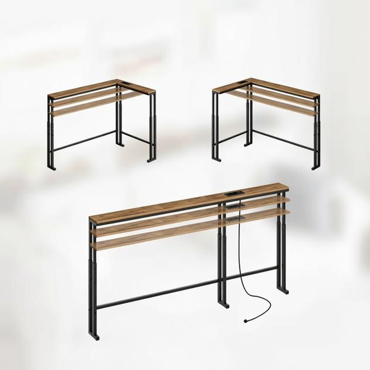 Smalle consoletafel 180 cm, in hoogte verstelbaar, L-vormig, met oplaadstation, achter de bank, retro bruin