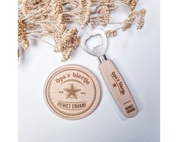 Houten biercadeauset met onderzetter en flesopener