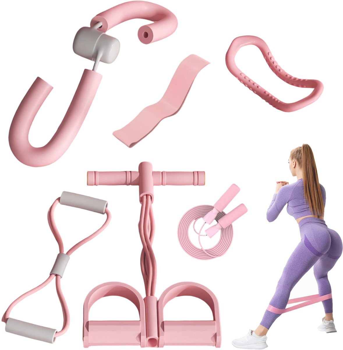 6-in-1 Yoga & Fitness Weerstandsbanden Set - Complete Home Gym Sportset met Pedal Puller, 8-Vormige Weerstandskabel, Dijbeentrainer, Yogaring, Fitnesselastiek en Springtouw - Bruine Cadeaubox