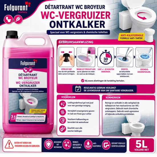 Fulgurant Sanibroyeur Ontkalker 5L — Krachtige WC-Vergruizers Ontkalker voor Maceratietoilet, Vermaler & Chemisch Toilet — Beschermt het Mechanisme — Belgische Kwaliteit