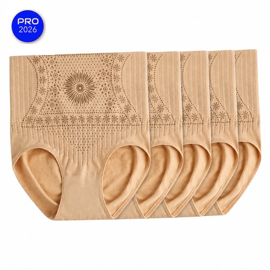 Set van 5 beige corrigerende onderbroeken met hoge taille en bloemenpatroon.