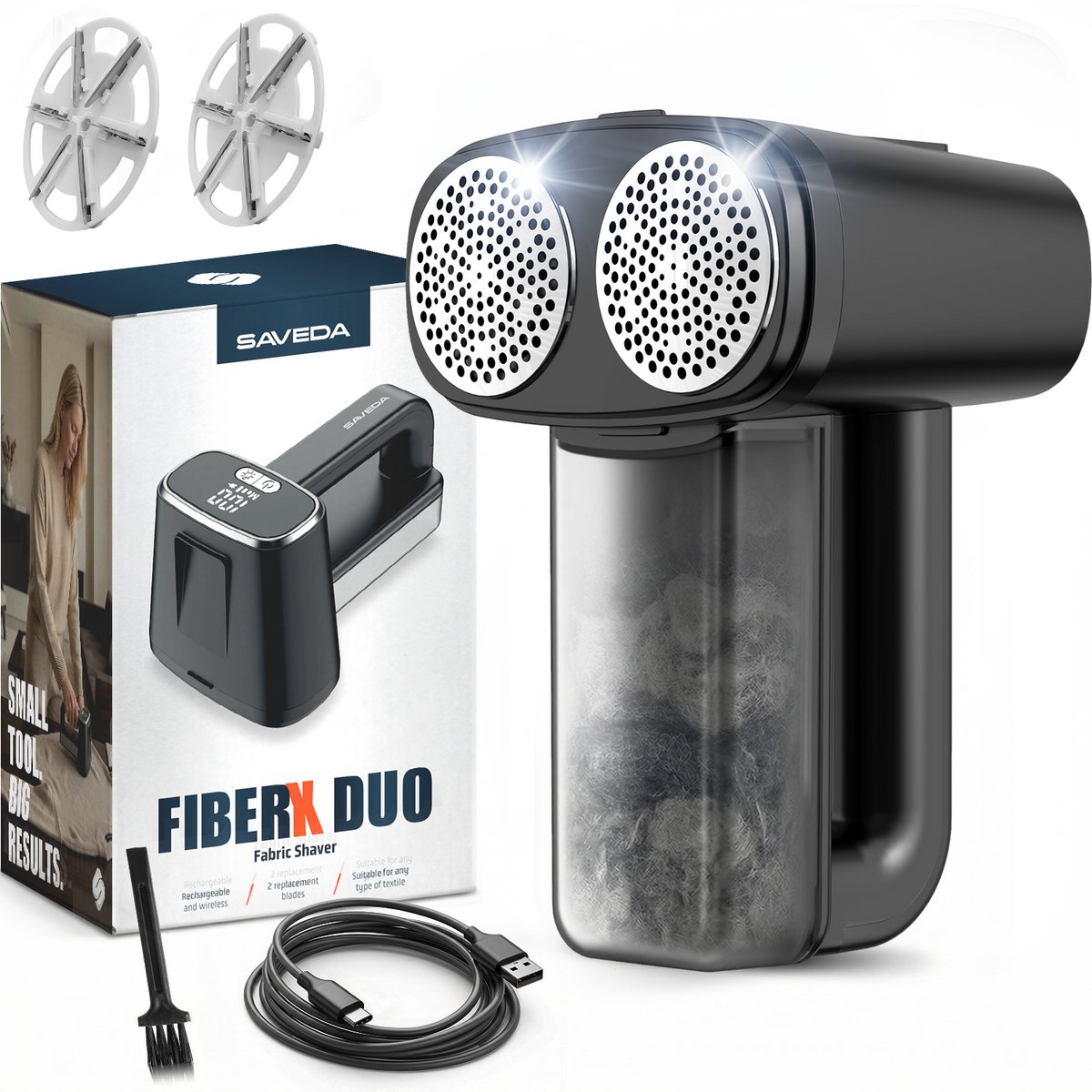 SAVEDA Pluizenverwijderaar FiberX Duo - Ontpiller - Elektrische Ontpluizer voor Kleding en Meubilair - Pluizentondeuse - USB C Oplaadbaar - Pluisjes Verwijderaar