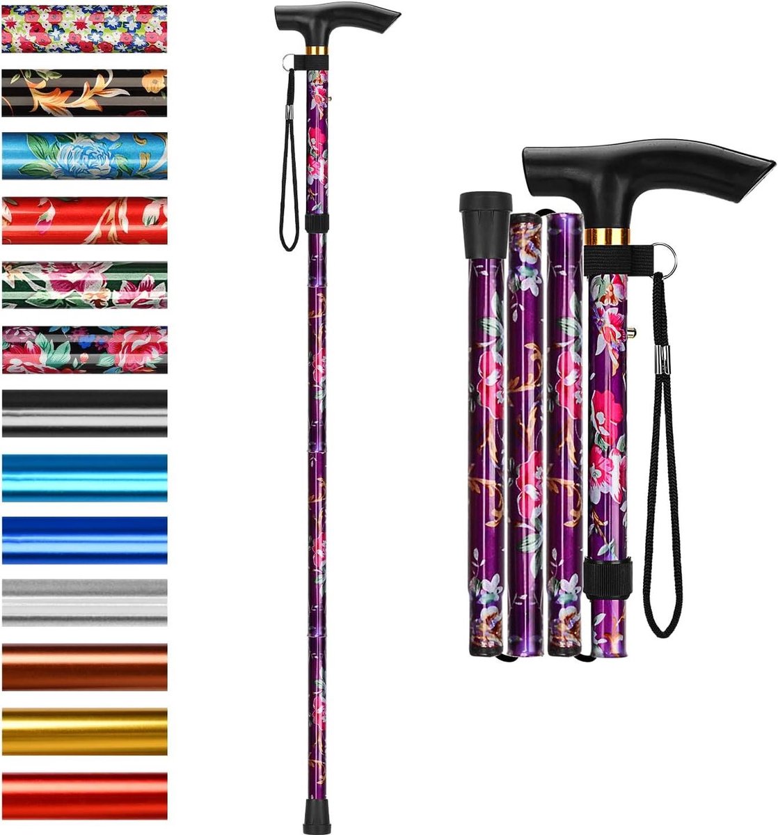 Opvouwbare Wandelstok - Verstelbare Stok - Ondersteuning Buiten - Ergonomische T-greep - 85-95 cm - Bloemen Paars