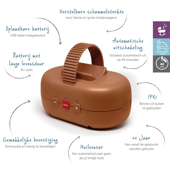ZAZU Robby the Rocker – Automatische Kinderwagen Schommelaar met Huilsensor – 5 Wiegstanden – USB-C Oplaadbaar – IPX1 Spatwaterbestendig – Bruin — afbeelding 5