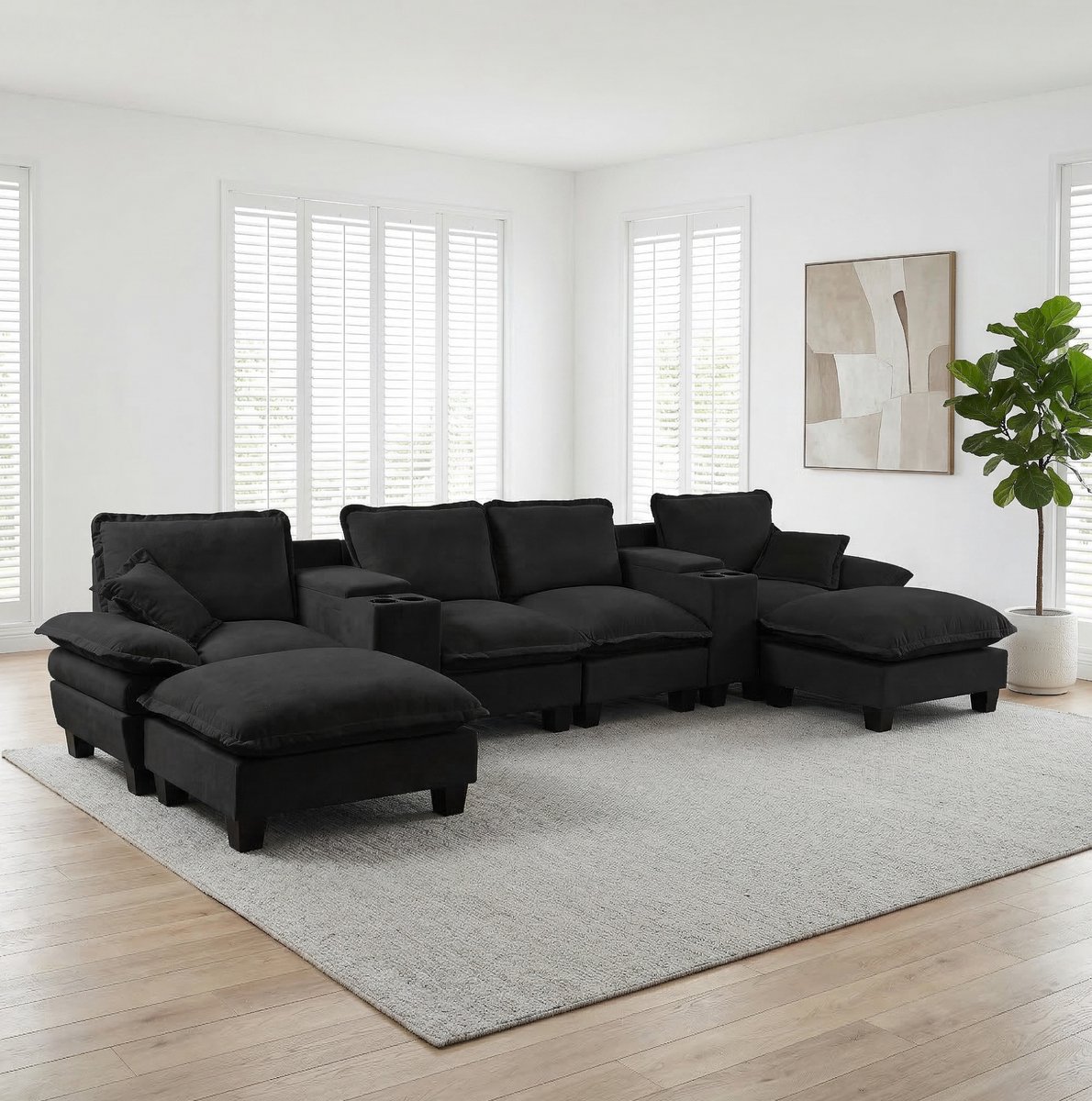 OKWISH U-Bank 392 x 151 cm - Met Opbergruimte, USB En Ottomans - Voor Woonkamer Of Appartement - Chenille - Zwart