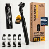 BikePeak verende zadelpen 31.6 mm diameter - 350 mm lang, incl. 4 verwisselbare veren voor lichaamsgewicht 65kg tot 150kg, Zadelpen met vering Zwart, ergonomische zadel veer, Duits Design