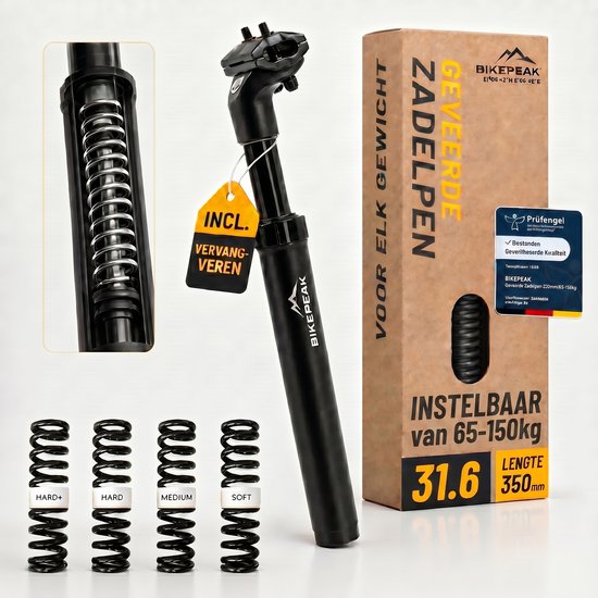 Zwarte BikePeak verende zadelpen, 31.6mm x 350mm, met 4 verwisselbare veren: HARD+, HARD, MEDIUM, SOFT.