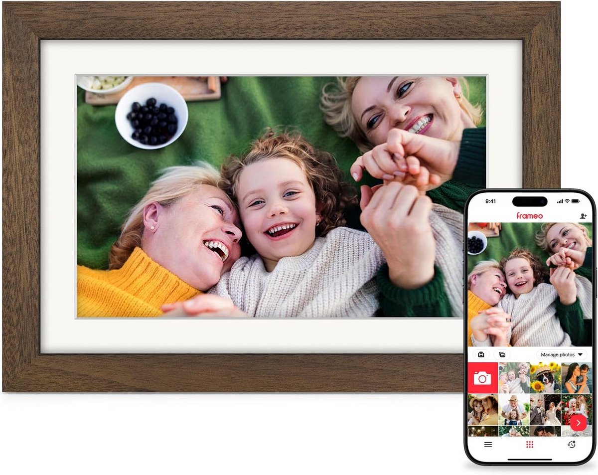 Digitale Fotolijst - WiFi Fotodisplay - Herinneringen Delen - Walnoot Houten Frame - 10.1 Inch - Walnoot