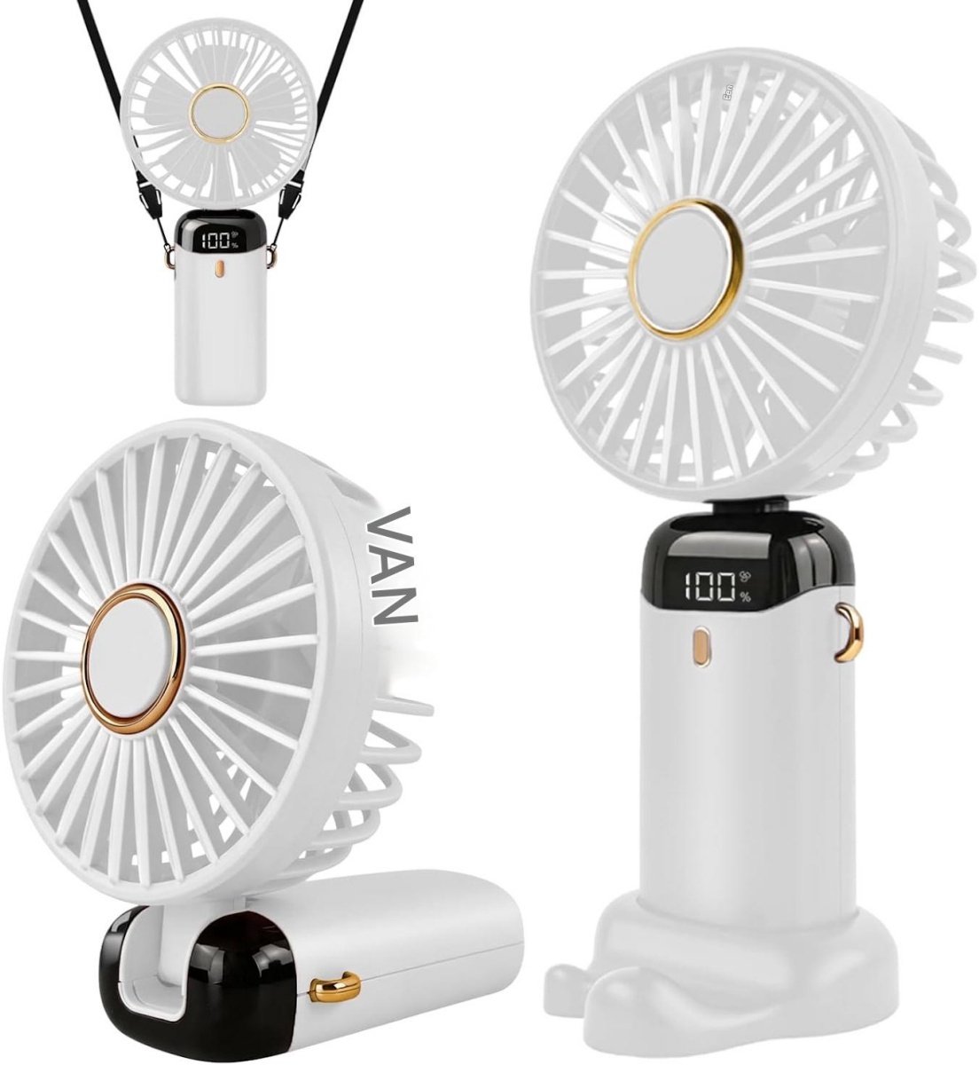 GELLDG Handventilator - Draagbare miniventilator - Oplaadbaar - Compacte zakventilator - 5 snelheidsstanden - Opvouwbare USB-ventilator - Geschikt voor kantoor en buitengebruik - Inclusief onderstandaard en draagkoord - Wit