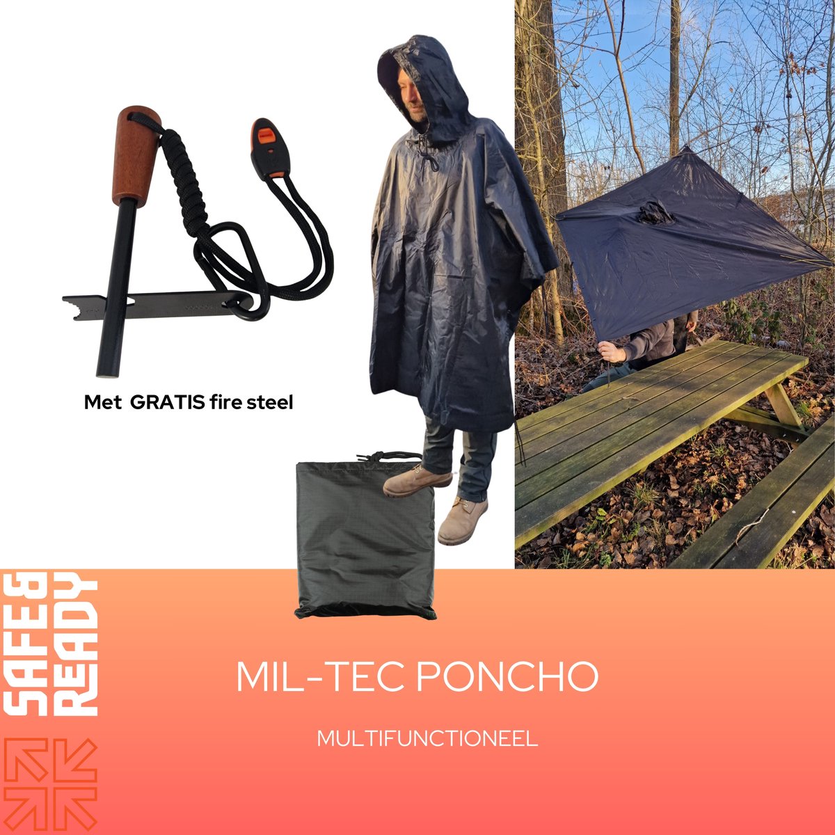 Mil-Tec Professionele Poncho - Incl. GRATIS Mil-Tec Vuurstarter - Firesteel - Outdoor - Kamperen- Survival