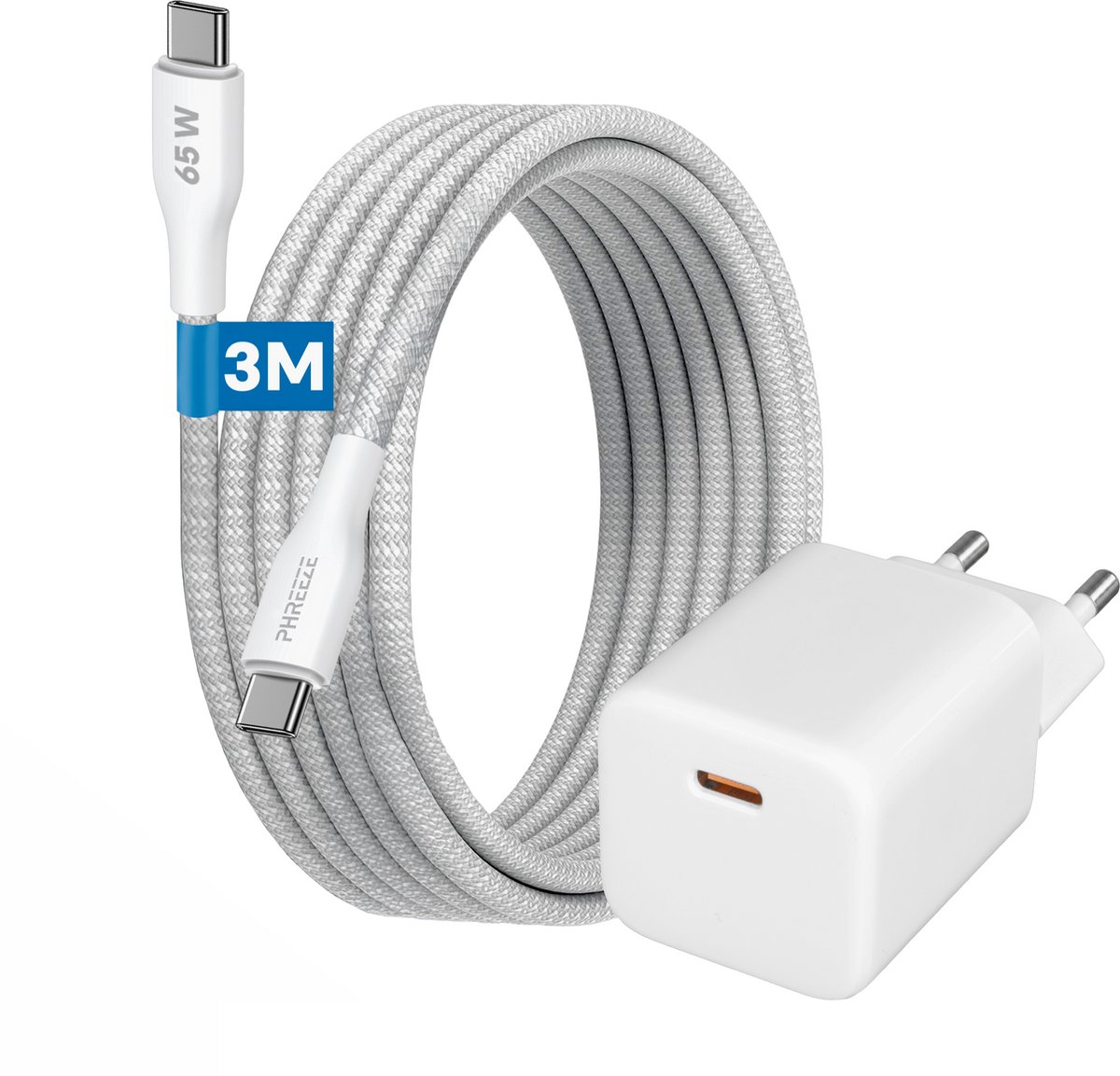 Snellader USB C 67W 3 Meter Nylon Oplader Wit
