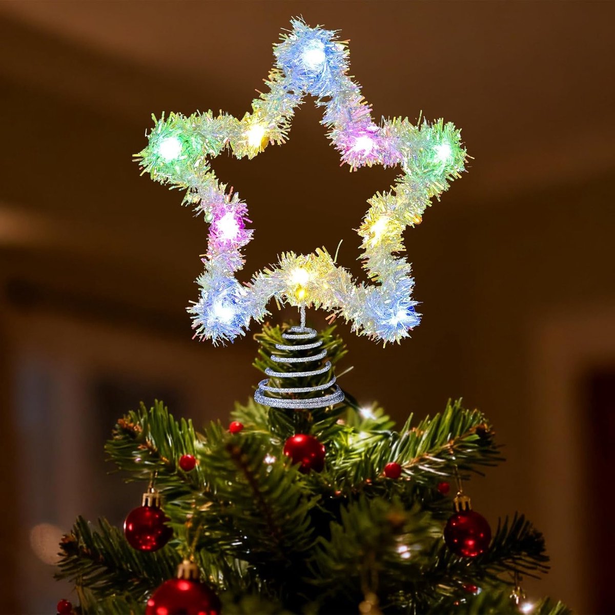Verlichte Ster voor de Kerstboom met Kleurige Poinsettia - Decoratie voor Feestdagen en Kerstmis