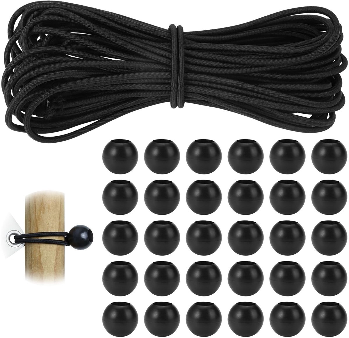 JHUBERS- Elastisch Touw 4 mm x 10 m - Tentspanner - Rubberen Touw - Elastische Koord - 30 Stuks Plastic Kogels - UV-bestendig en Weerbestendig