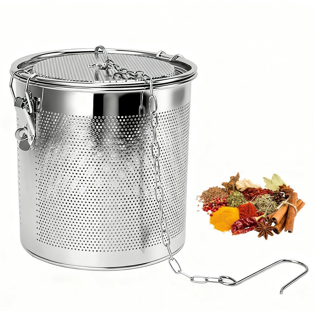 JHUBERS- Theezeef Roestvrij Staal - Extra Fijn Gaas - Kruidenzeef - Theefilter - Hangende Ketting - 4,3 L Inhoud