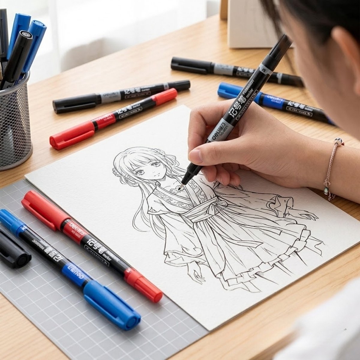 Ainy - Duo Permanente Fineliners watervast - set van 5 markers zwart, blauw & rood fineliner | fine liner manga /anime tekenen | bullet journal stiften | handlettering | Pigment liner | calligraphy pennen — afbeelding 4
