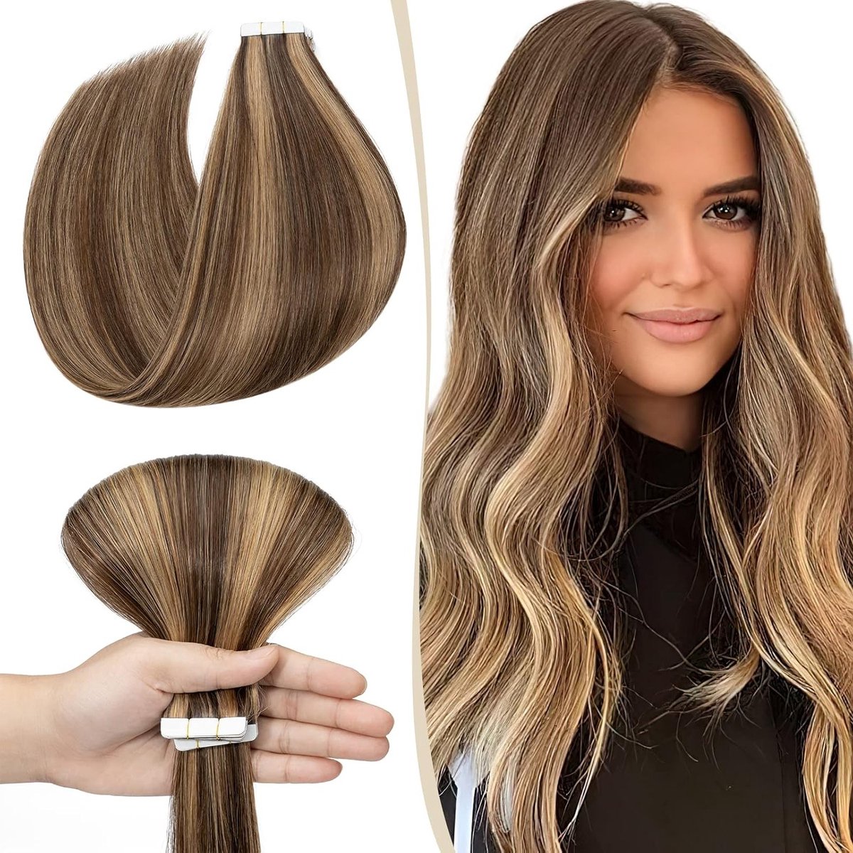 Tape Extensions voor Haar - 10 Stuks 100% Remy Haar, Steil, Medium Bruin/Honingblond, 61 cm, Ideaal voor Volumineus Haar en Lengte
