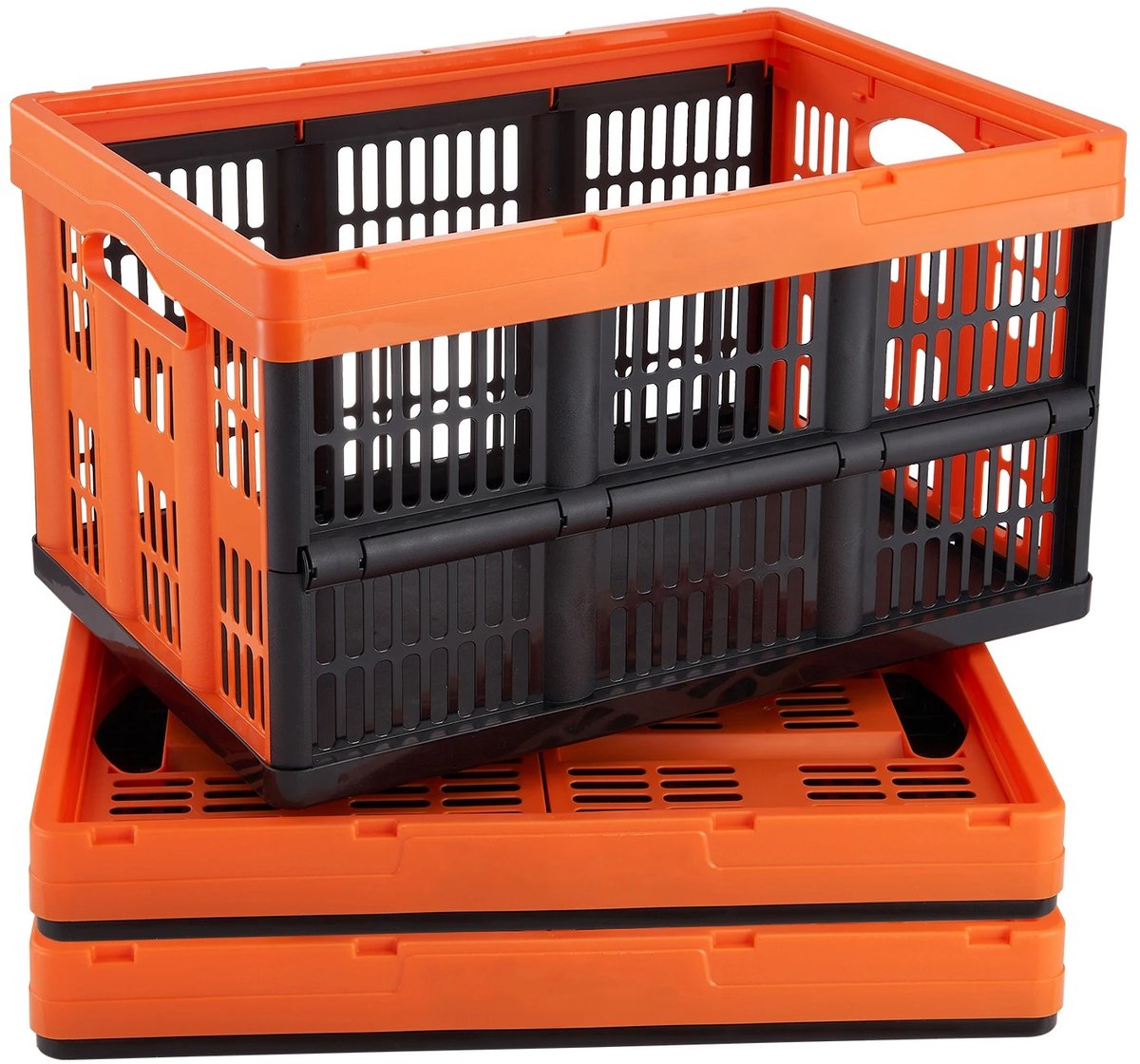 ITRONIQ Opvouwbare Opbergkrat Set van 3 - Inklapbare Boodschappenkratten 45L - Kunststof Opbergbox Met Handgrepen - Zwart Oranje