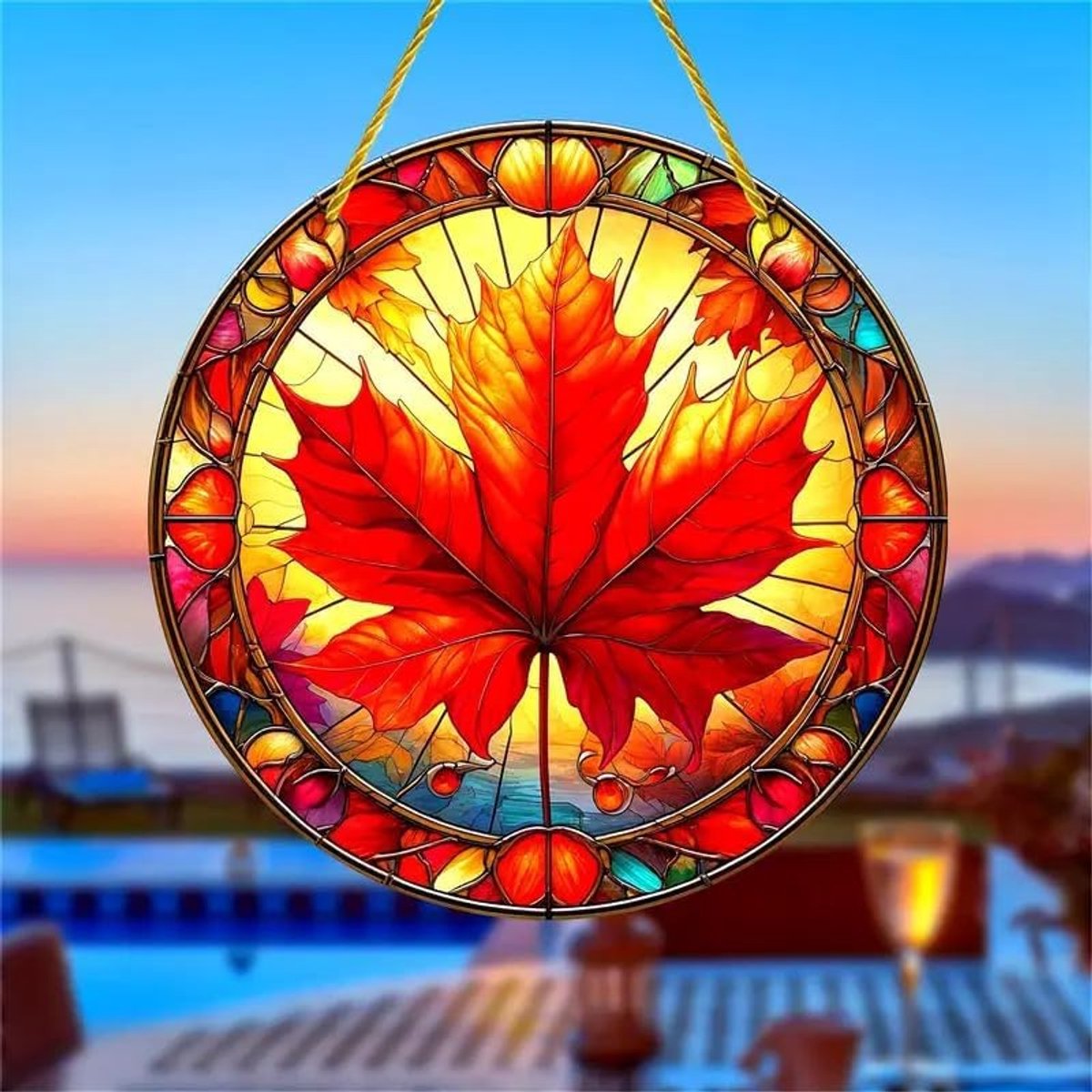 Hello Autumn Maple Leaf Acrylic Stained Glass Windows Hanging Sun Catcher, Flower Colored Suncatchers Window Ornament Glass Panel Sun Catcher Wall Han