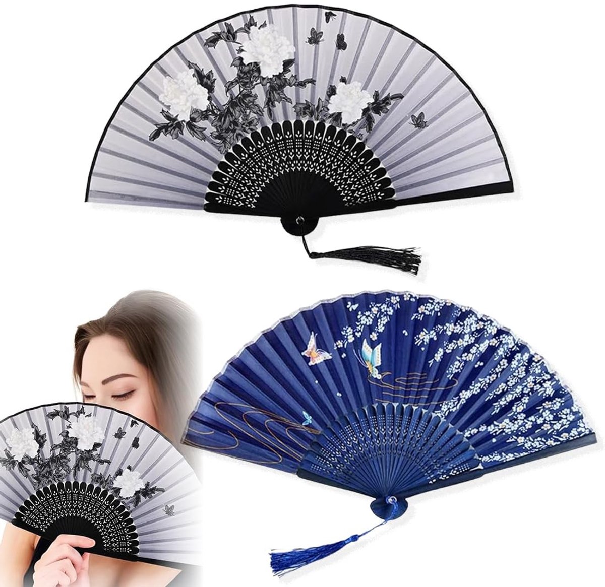Dailygoods- Opvouwbare Waaiers 2 Stuks - Houten/Zijde - Chinese Decoratie - Elegant - Bruiloft - Kinderen/Meisjes - Uniek Stijlontwerp - Zijde Waaier