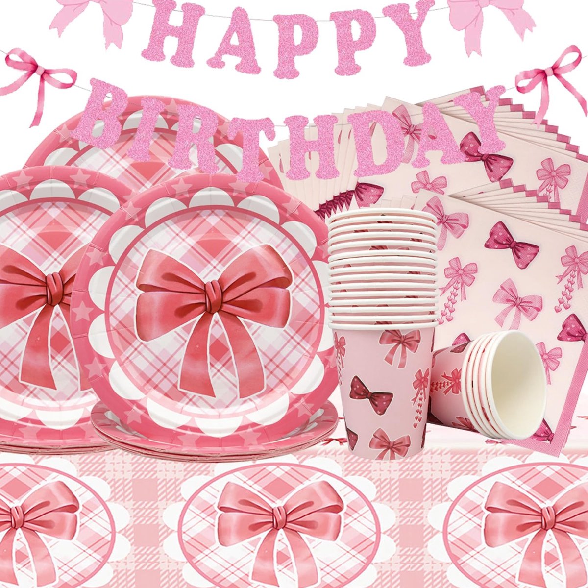 Dailygoods- Feestservies met Roze Strik - 62 Stuks - Borden/Kopjes/Servetten - Tafelkleden - Perfect voor Bruiloften/Babyfeestjes - Papiermateriaal - Verjaardagsservies