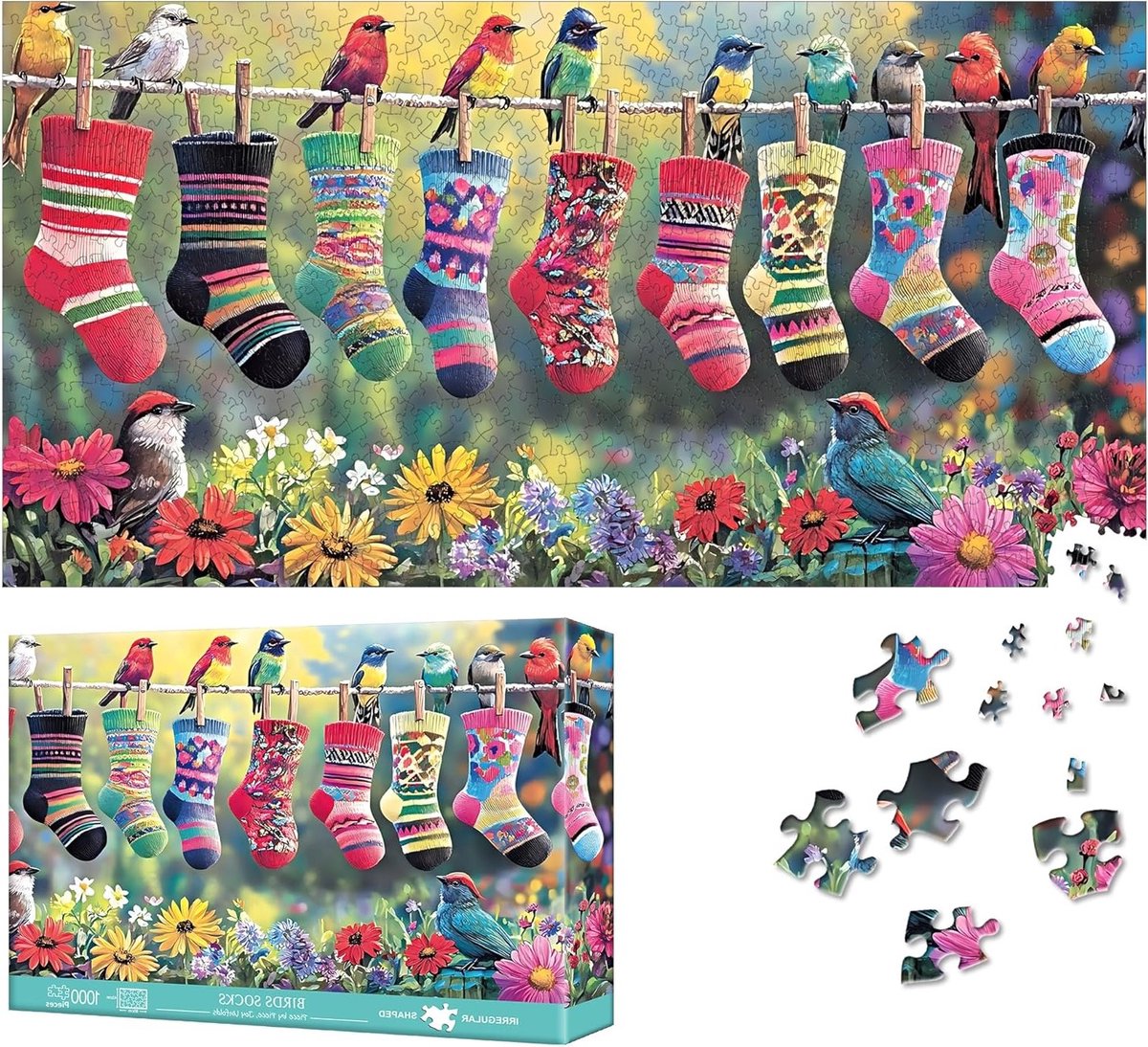 Vogels en Sokken Puzzel voor Volwassenen, 1000 Stukken Bloemen Jigsaw Puzzel - Uitdagende Gezinsactiviteit, Perfect voor Decoratie en Cadeau, 80 x 41 cm